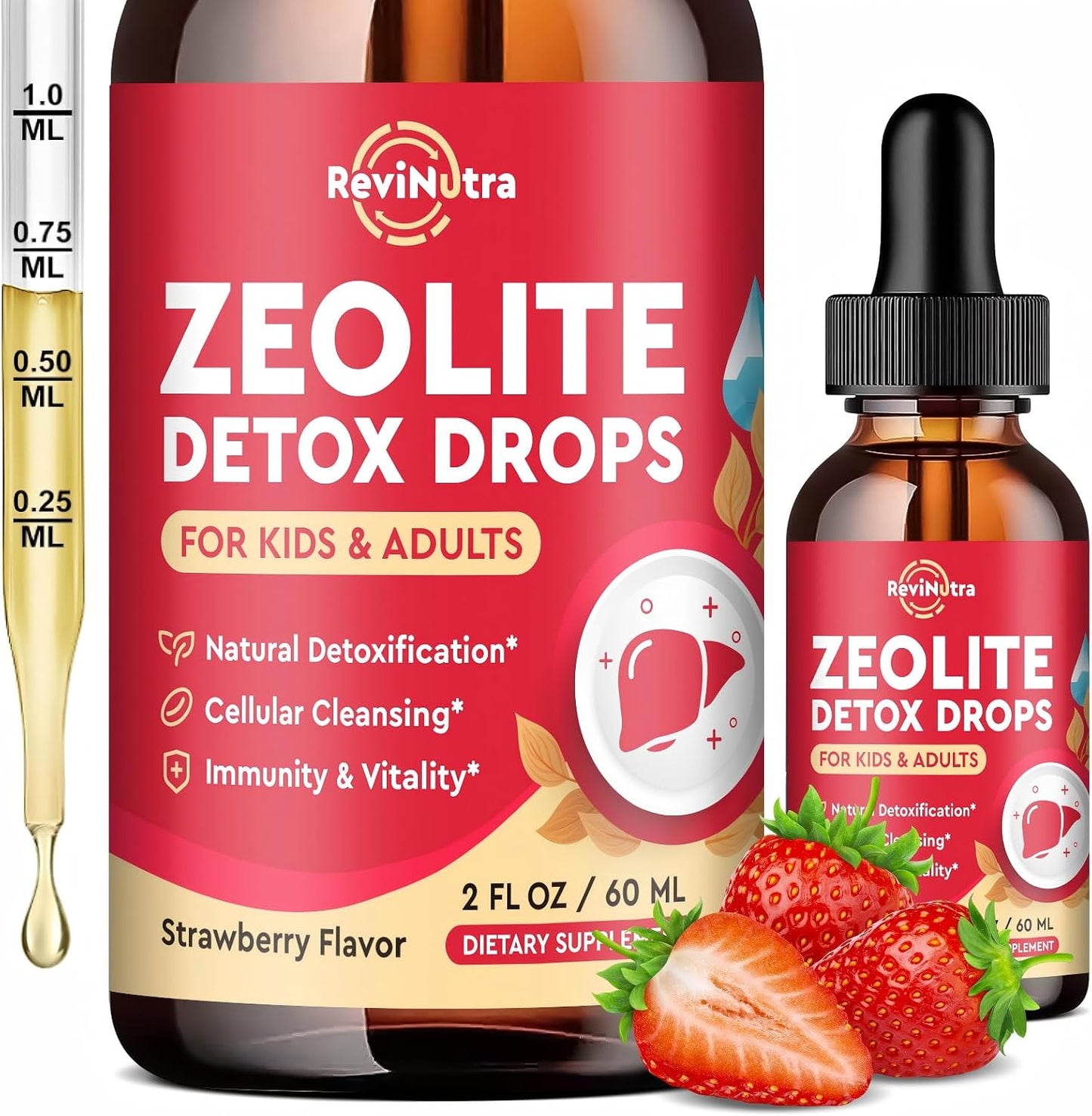 Zeolite Detox for Kids and Adults, Clinoptilolite Zeolite Liquid Drops with Chlorella, Magnesium, Zinc, Methy Vitamin B12 & D3, Gut Liver Detox Cleanse, Immunity, Strawberry Flavor 2 Fl Oz