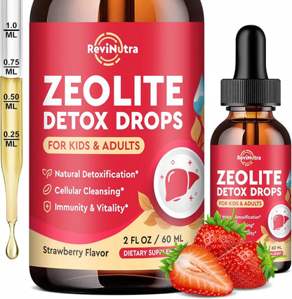 Zeolite Detox for Kids and Adults, Clinoptilolite Zeolite Liquid Drops with Chlorella, Magnesium, Zinc, Methy Vitamin B12 & D3, Gut Liver Detox Cleanse, Immunity, Strawberry Flavor 2 Fl Oz