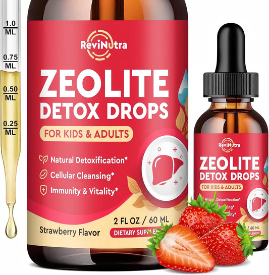 Zeolite Detox for Kids and Adults, Clinoptilolite Zeolite Liquid Drops with Chlorella, Magnesium, Zinc, Methy Vitamin B12 & D3, Gut Liver Detox Cleanse, Immunity, Strawberry Flavor 2 Fl Oz