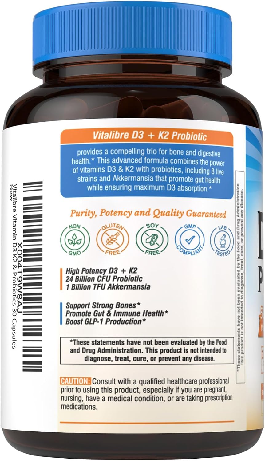 Vitalibre D3 K2 Probiotic Supplement, Vitamin D3 5000 IU & K2 100 mcg, with Probiotics for Women & Men, Akkermansia Muciniphila, Bone, Gut & Immune Support, Non-GMO, Easy to Swallow, 30 Capsules