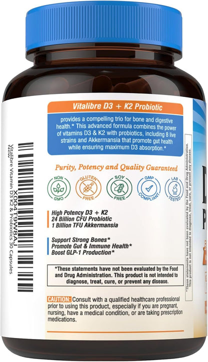 Vitalibre D3 K2 Probiotic Supplement, Vitamin D3 5000 IU & K2 100 mcg, with Probiotics for Women & Men, Akkermansia Muciniphila, Bone, Gut & Immune Support, Non-GMO, Easy to Swallow, 30 Capsules