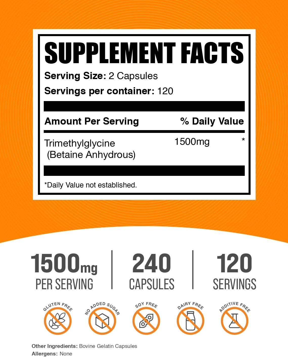 BulkSupplements.com TMG Capsules - Trimethylglycine as Betaine Anhydrous, TMG Supplement - Gluten Free, 2 Capsules per Serving (1500mg), 240 Count (Pack of 1)