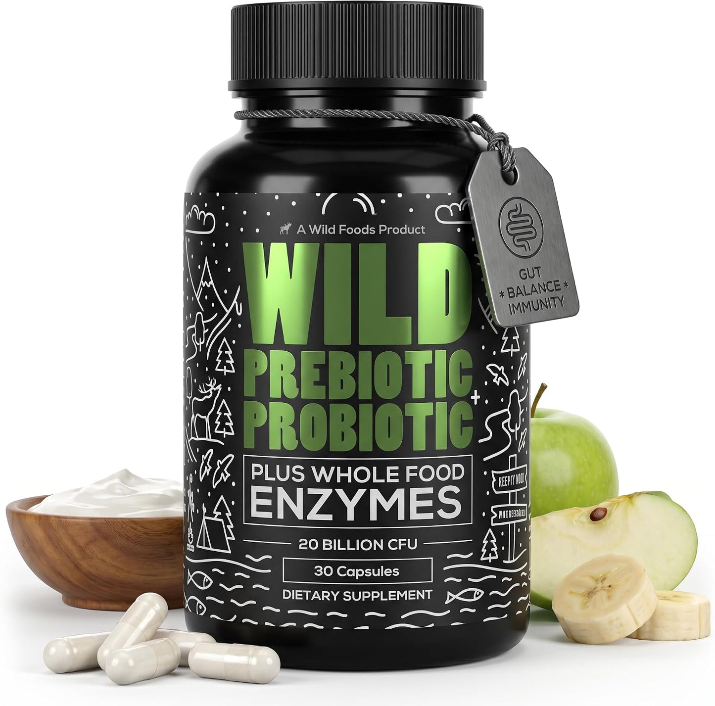 Wild Prebiotics and Probiotics with Digestive Enzymes | 20 Billion CFU - 10 Strains for Women & Men | Support Gut Health & Digestion Supplements | Non-GMO Prebiotic Fiber | 30 Count (Pack of 2)