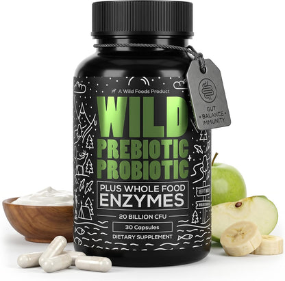 Wild Prebiotics and Probiotics with Digestive Enzymes | 20 Billion CFU - 10 Strains for Women & Men | Support Gut Health & Digestion Supplements | Non-GMO Prebiotic Fiber | 30 Count (Pack of 2)