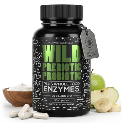 Wild Prebiotics and Probiotics with Digestive Enzymes | 20 Billion CFU - 10 Strains for Women & Men | Support Gut Health & Digestion Supplements | Non-GMO Prebiotic Fiber | 30 Count (Pack of 2)