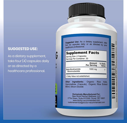 DOCTOR RECOMMENDED SUPPLEMENTS NMN (Nicotinamide Mononucleotide) 500mg, 60 Capsules - Vegetarian Friendly, 30 Servings, Gluten Free, GMO Free