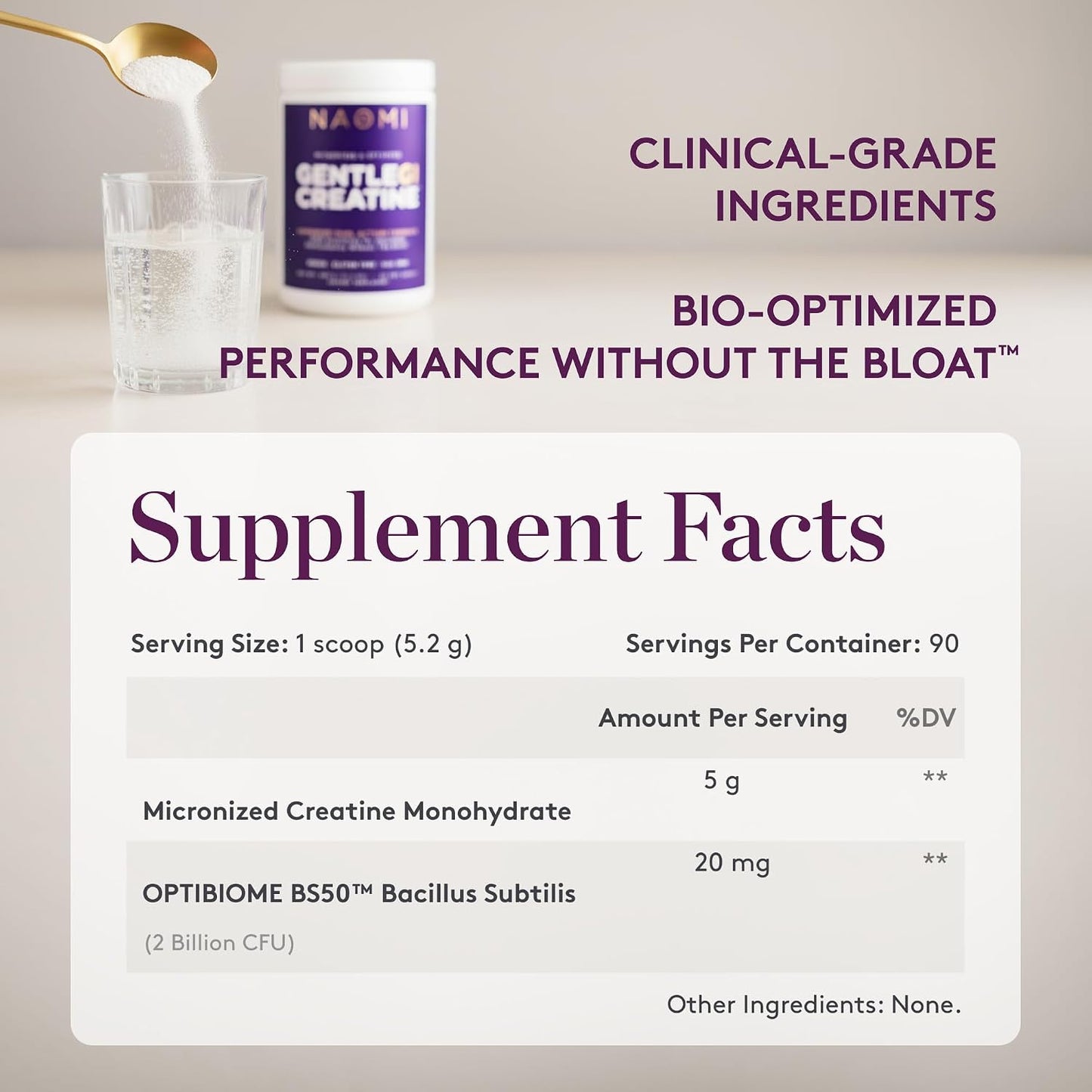 NAOMI Gentle GI Creatine with OPTIBIOME®, Gut-Friendly Creatine Monohydrate for Muscle Strength, Recovery & Mental Focus, Non-GMO, Clean, Daily Creatine Supplement for Men & Women, 90-Day Supply