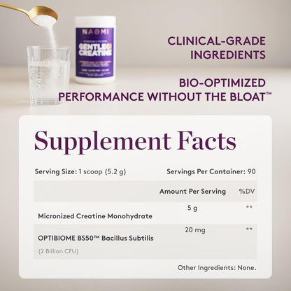 NAOMI Gentle GI Creatine with OPTIBIOME®, Gut-Friendly Creatine Monohydrate for Muscle Strength, Recovery & Mental Focus, Non-GMO, Clean, Daily Creatine Supplement for Men & Women, 90-Day Supply