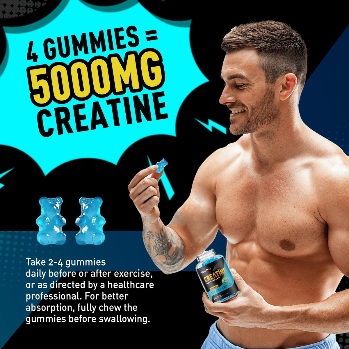 duwhot Sugar Free Creatine Monohydrate Gummies for Men & Women - 2500mg Creatine
