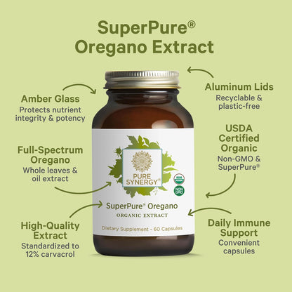 PURE SYNERGY SuperPure Oregano Extract | Oregano Oil Extract Capsules | Organic Oil and Leaf Supplement | for Immune, Digestive, and Respiratory Health (60 Capsules)