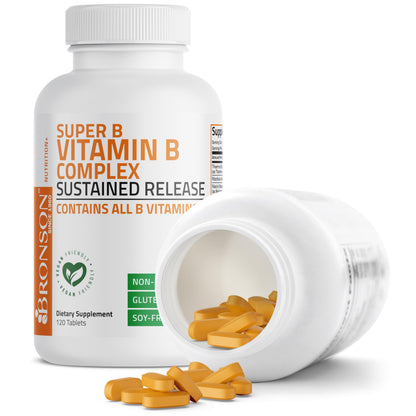 Bronson Super B Vitamin B Complex Sustained Release for Energy, 60 Tablets | B1, B2, B3, B6, Folic Acid, B12, Biotin & Pantothenic Acid, One-Tablet Formula, Non-GMO, Gluten-Free & Soy-Free