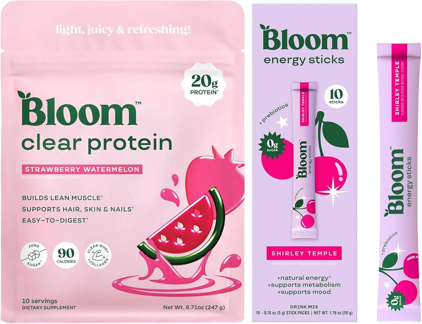 Bloom Strawberry Watermelon Clear Protein and Shirley Temple Energy Packets Bundle