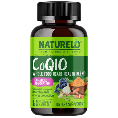 NATURELO Whole Food CoQ10 Supplement, 120 Veg Capsules, Heart Health Blend, Powerful Antioxidant, CoQ10 100mg Supports Energy Production