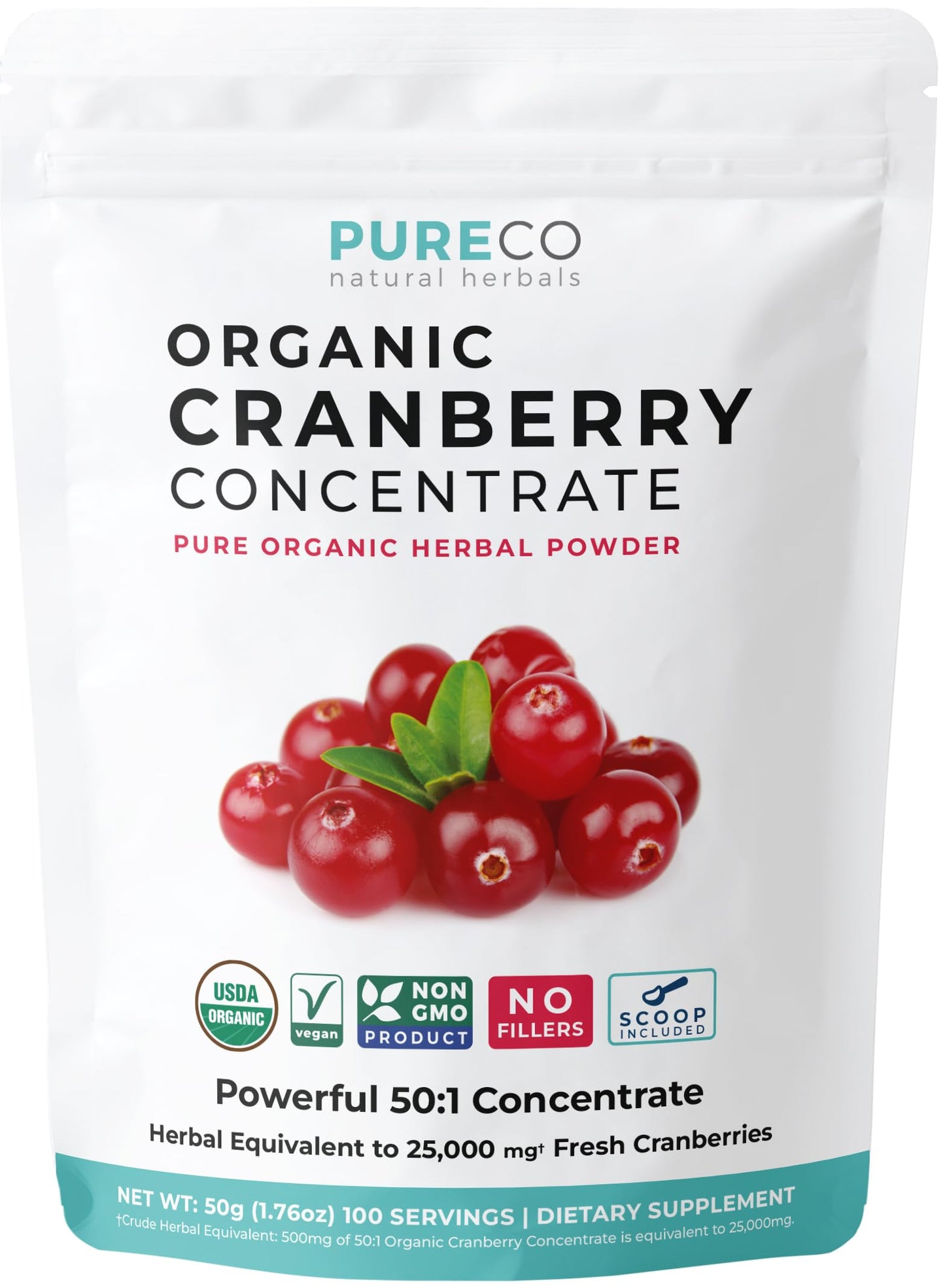 PURE CO USDA Organic Cranberry Concentrate Powder - Organic Cranberry Powder 500mg 50:1 Extract Per 1 Scoop Serving - Kidney Cleanse & Urinary Tract Support for Women - 100 Servings