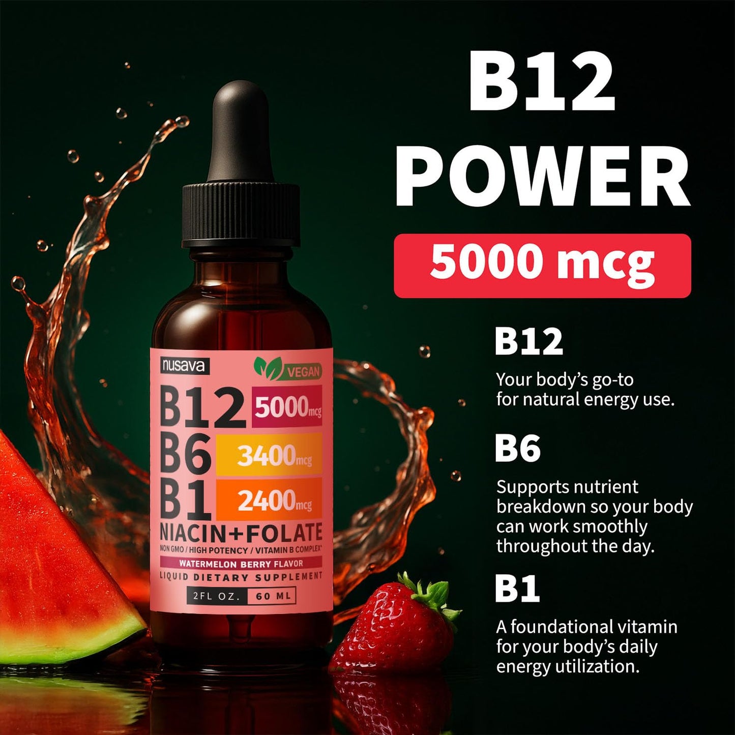 NUSAVA (2 Pack) Vitamin B12 Liquid Drops with B6, B1, Niacin & Folate — B12 Sublingual Vitamin B Complex, Methylcobalamin 5000 mcg, for Energy, Brain & Heart Support, Raspberry Flavor, 80 Servings