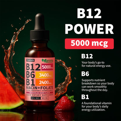 NUSAVA (2 Pack) Vitamin B12 Liquid Drops with B6, B1, Niacin & Folate — B12 Sublingual Vitamin B Complex, Methylcobalamin 5000 mcg, for Energy, Brain & Heart Support, Raspberry Flavor, 80 Servings