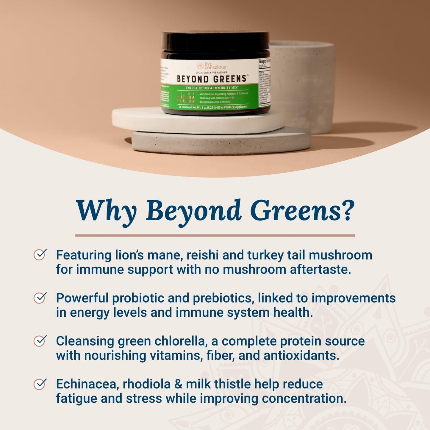Live Conscious Beyond Greens & Collagen Peptides Peach Mango| Mushroom Coffee Alternative Low Caffeine + Hair, Skin, Nail, and Joint Support