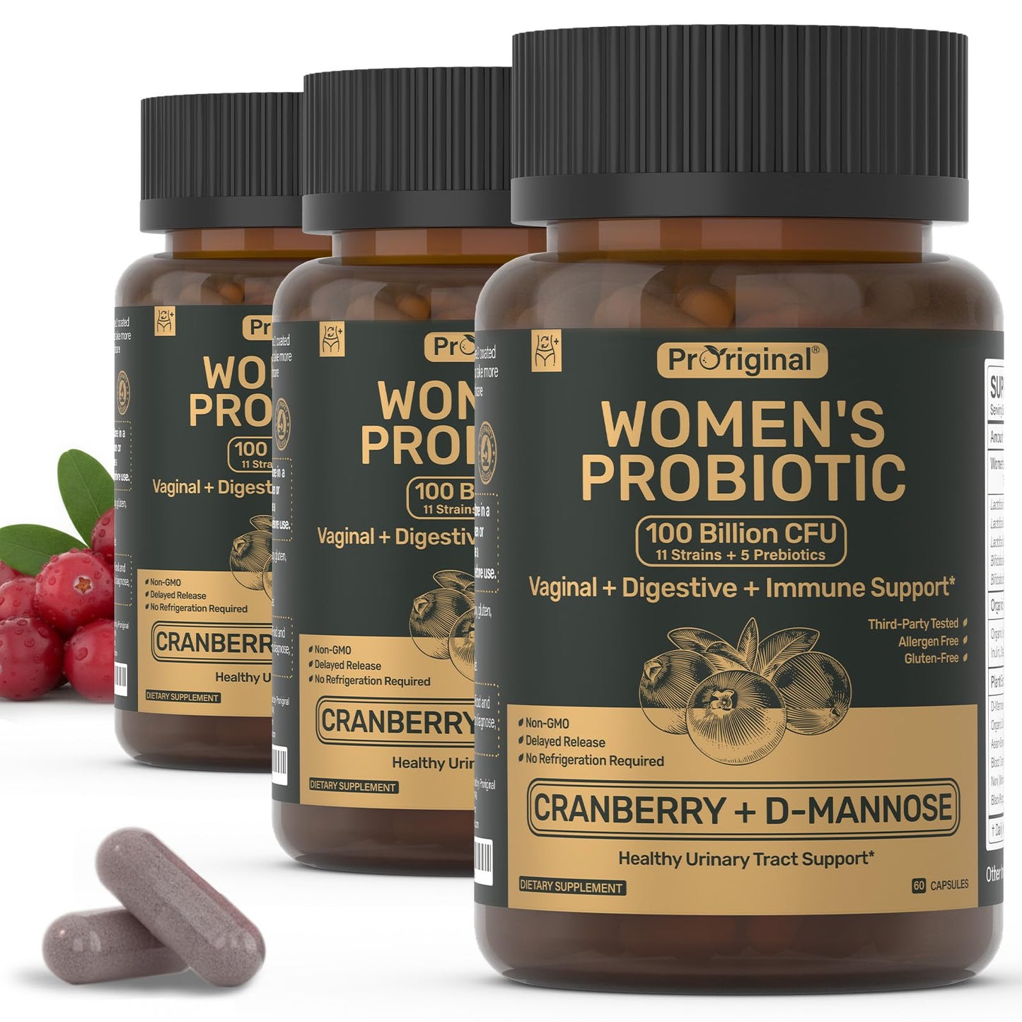 Probiotics for Women - 100 Billion CFU, 11 Strains - 60 Caps | Prebiotics, Cranberry Extract, D-Mannose - Women’s Probiotic for Digestive, Vaginal, Urinary Health & pH Balance - Non-GMO