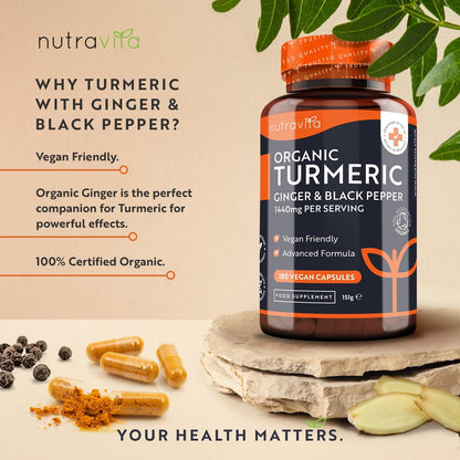 Organic Turmeric 1440mg (High Strength) with Black Pepper & Ginger - 180 Vegan Turmeric