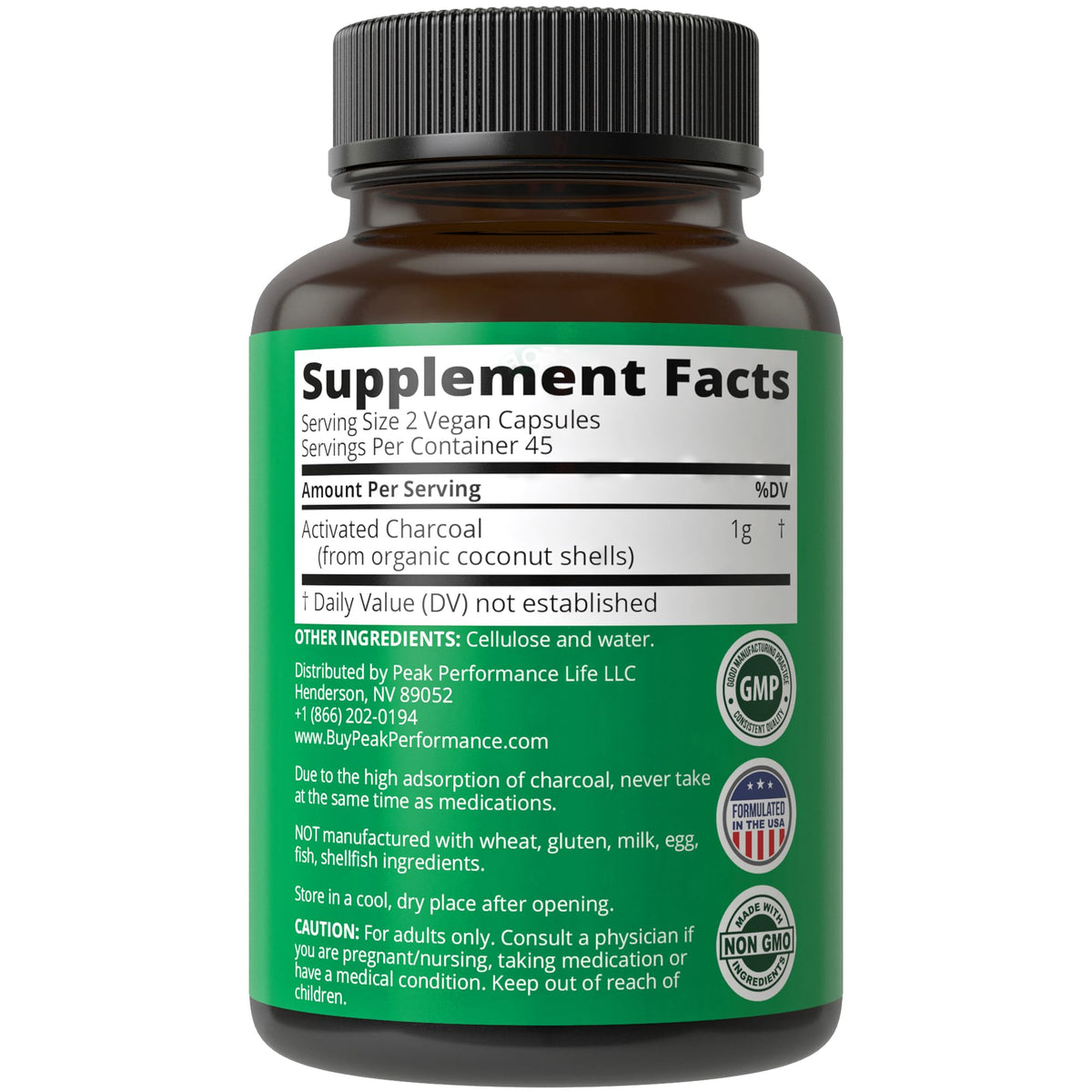 Peak Performance Activated Charcoal Vegan Capsules from Wild Harvested Coconut