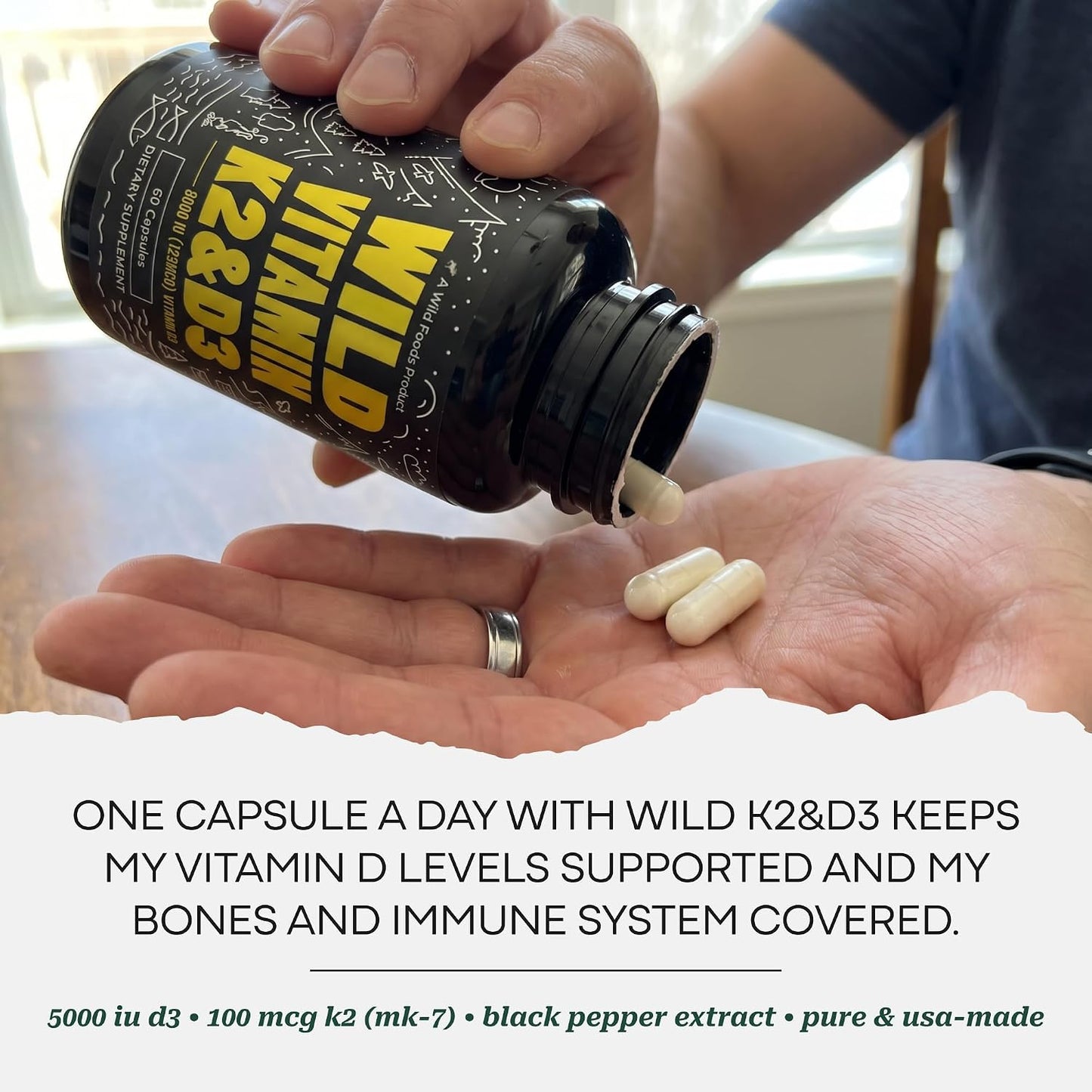 Wild Foods 5000iu Vitamin D3 + K2 | (100mcg Mk7) with Black Pepper Extract, Plant-Based, Non-GMO, Soy & Gluten-Free | Dietary Supplement | Made in USA | 60 Capsules