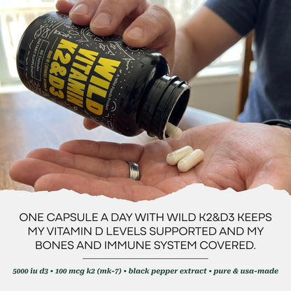 Wild Foods 5000iu Vitamin D3 + K2 | (100mcg Mk7) with Black Pepper Extract, Plant-Based, Non-GMO, Soy & Gluten-Free | Dietary Supplement | Made in USA | 60 Capsules