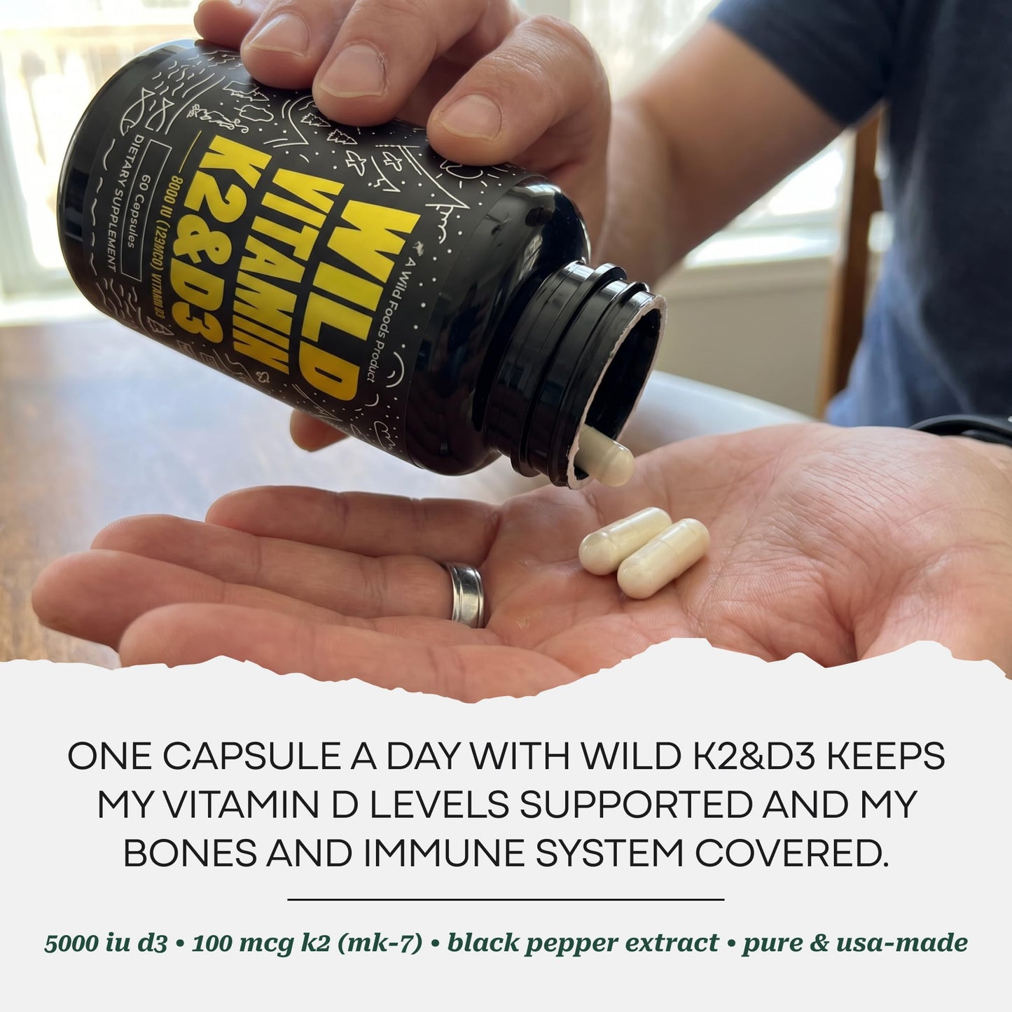 Wild Foods 5000iu Vitamin D3 + K2 | (100mcg Mk7) with Black Pepper Extract, Plant-Based, Non-GMO, Soy & Gluten-Free | Dietary Supplement | Made in USA | 60 Capsules