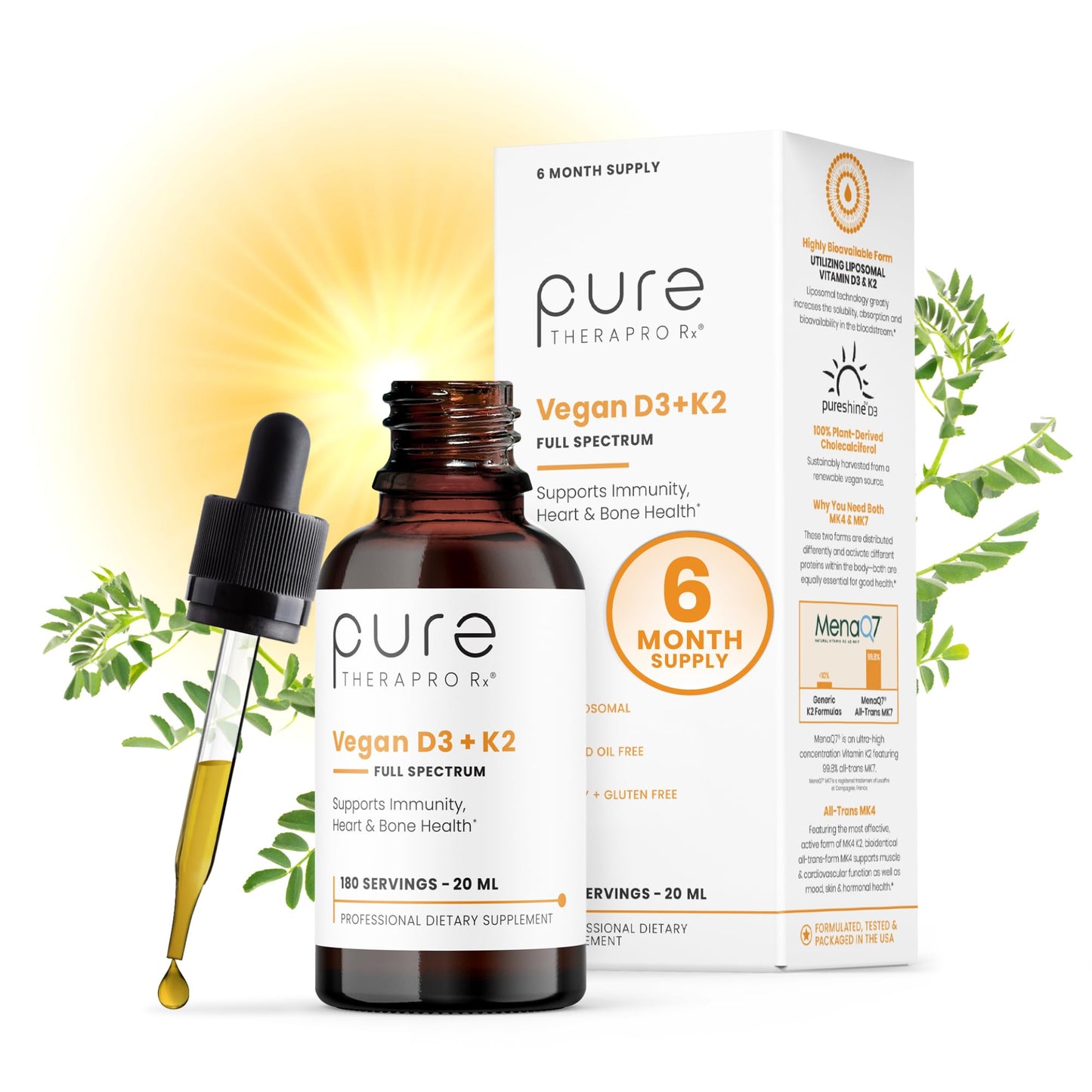 Pure Therapro Rx Vegan D3 + K2 Organic 100% Liposomal 10ml Made in USA | 3 Month Supply | Maximum Absorption Vitamin D3 and Vitamin K2 Supplements for Men and Women, D3 Vitamin 5000 IU