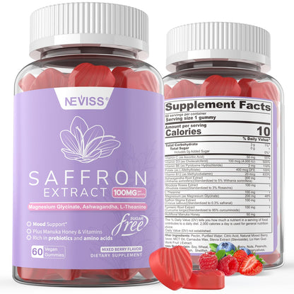 Saffron Supplements Gummies 100mg - 100% Pure Saffron Extract with Magnesium Glycinate, L-Theanine, Turmeric, Ashwagandha, Honey & Vitamin B Complex for Mood & Power, Antioxidant, Vitality - 60 Count