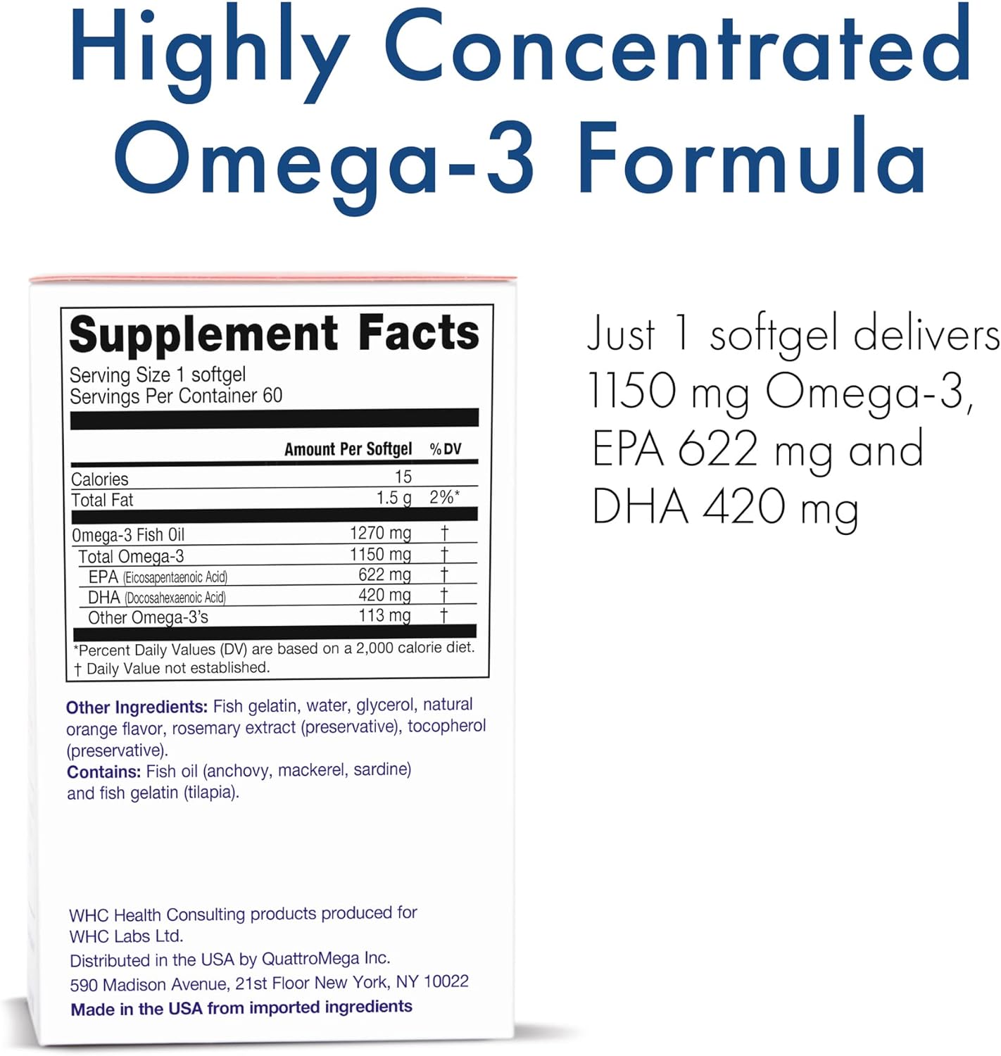WHC, UnoCardio X2 Fish Oil, Triglyceride Omega-3 Fatty acids, 1270 mg Fish Oil Supplement (622 mg EPA / 420 mg DHA/Total 1150 mg of Omega-3 per Serving), Natural Orange, 60 softgels