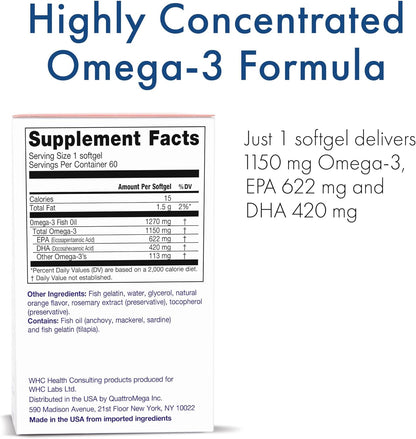 WHC, UnoCardio X2 Fish Oil, Triglyceride Omega-3 Fatty acids, 1270 mg Fish Oil Supplement (622 mg EPA / 420 mg DHA/Total 1150 mg of Omega-3 per Serving), Natural Orange, 60 softgels