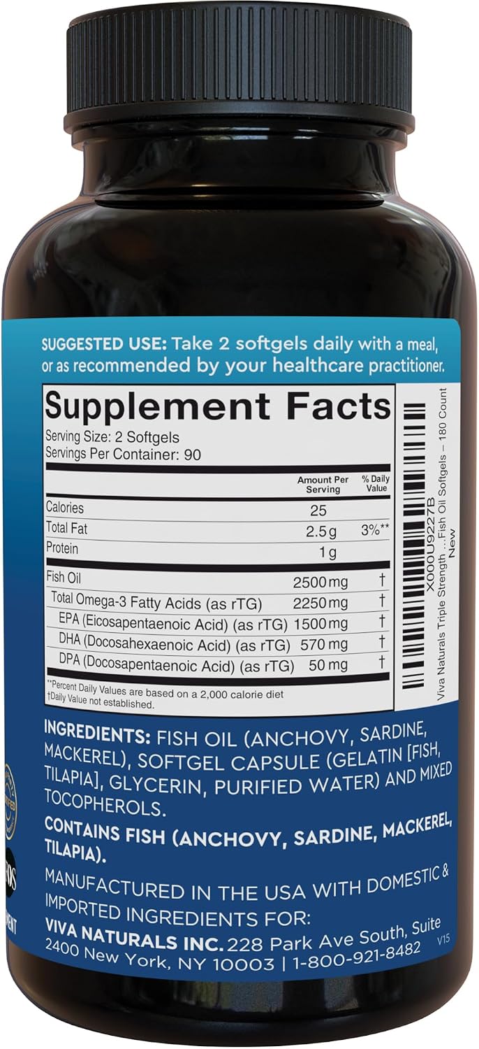 Omega 3 Fish Oil Supplement for Women and Men - 2500 mg Triple Strength Fish Oil per Serving with Omega 3 Fatty Acids Including EPA, DHA DPA - 180 Pescatarian-Friendly Softgels