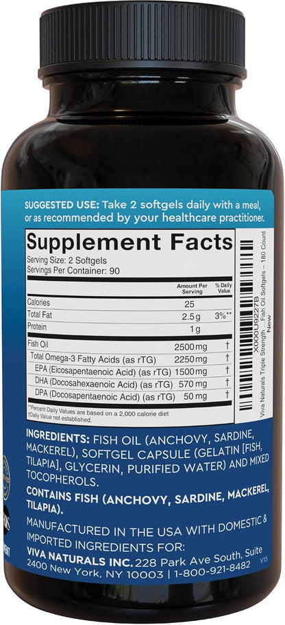 Omega 3 Fish Oil Supplement for Women and Men - 2500 mg Triple Strength Fish Oil per Serving with Omega 3 Fatty Acids Including EPA, DHA DPA - 180 Pescatarian-Friendly Softgels