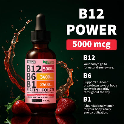 (2-Pack) Vitamin B12 and B6 Methylcobalamin Liquid Drops (Strawberry) with (2-Pack) Vitamin D3 K2 Drops Bundle, B12 5000 mcg Sublingual, D3 5000 IU with MCT Oil and Omega 3 (Strawberry) 2 Fl Oz