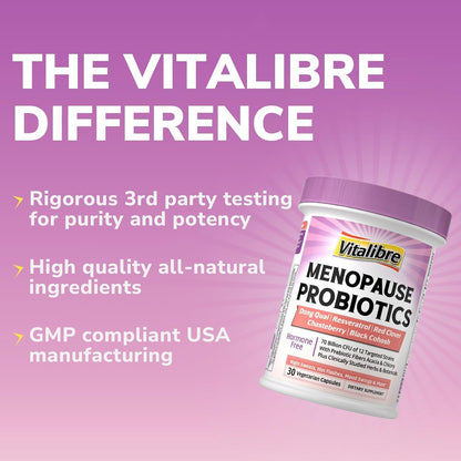 Vitalibre Menopause Probiotics for Women 70 Billion CFU, 12 Targeted Strains, Organic Prebiotics, Black Cohosh Resveratrol Red Clover Chasteberry Dong Quai, Hot Flash Night Sweat+, No Estrogen, 30 Ct