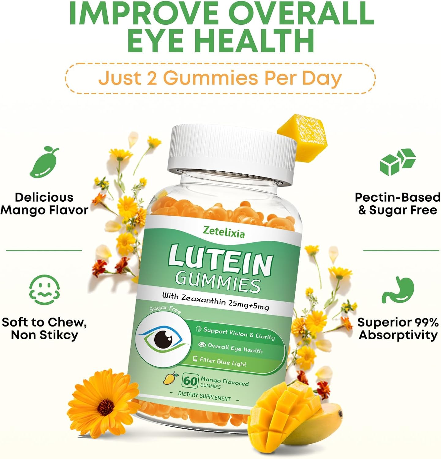 2 Pack Lutein Gummies 25mg, Sugar Free Lutein Zeaxanthin Supplements Gummies, Eye Health Supplement for Adults, Eye Vitamins Lutein for Vision and Blue Light Protection, Mango Flavor, 120 Count