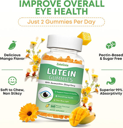 2 Pack Lutein Gummies 25mg, Sugar Free Lutein Zeaxanthin Supplements Gummies, Eye Health Supplement for Adults, Eye Vitamins Lutein for Vision and Blue Light Protection, Mango Flavor, 120 Count