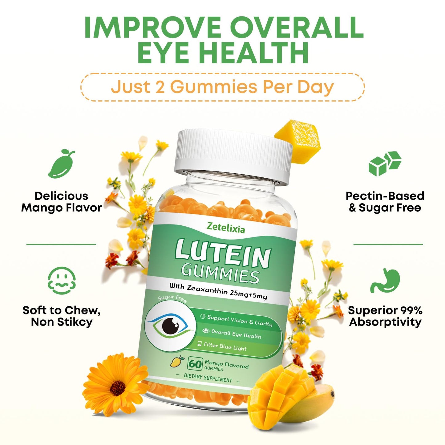2 Pack Lutein Gummies 25mg, Sugar Free Lutein Zeaxanthin Supplements Gummies, Eye Health Supplement for Adults, Eye Vitamins Lutein for Vision and Blue Light Protection, Mango Flavor, 120 Count