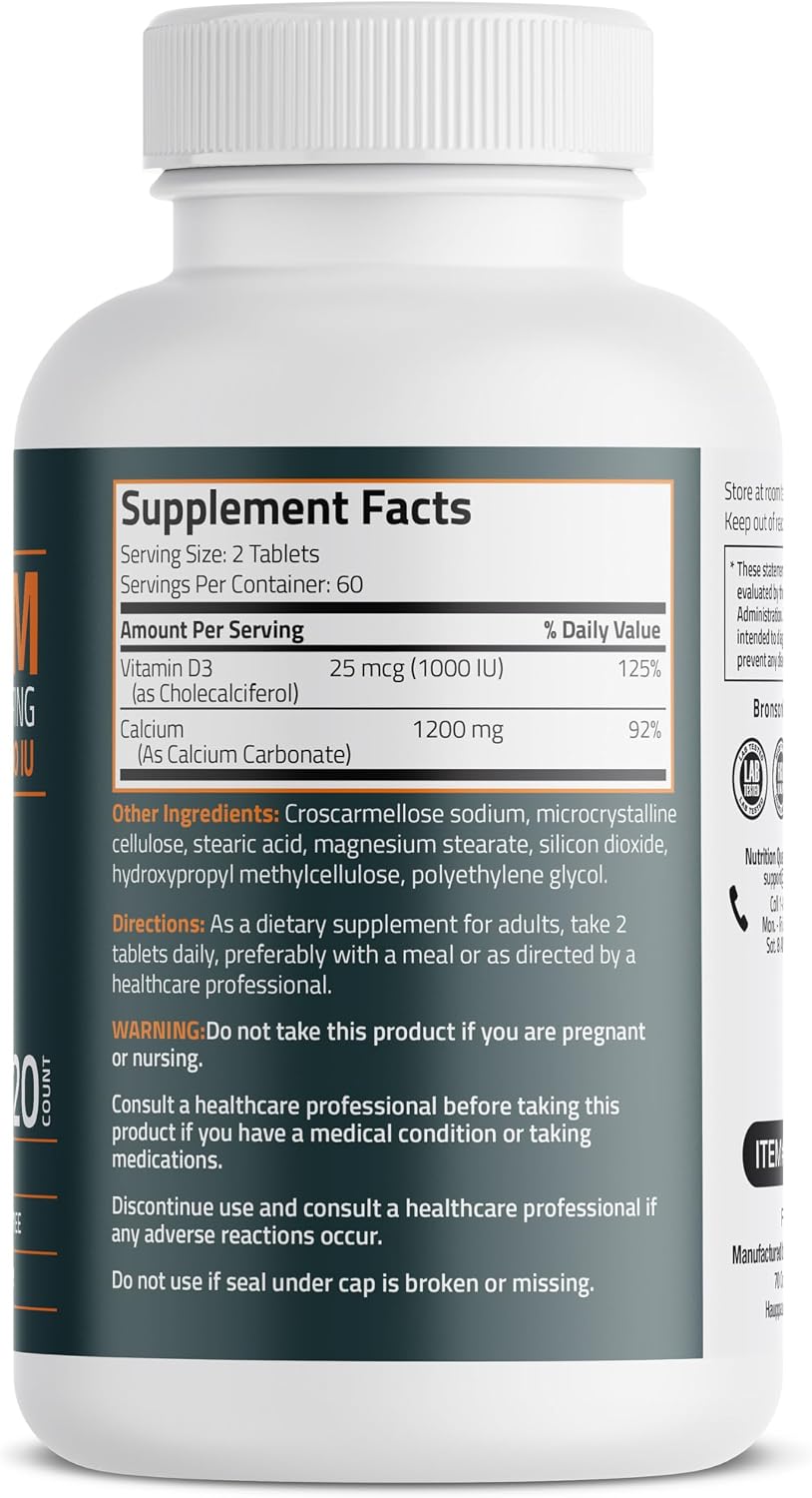 Bronson Calcium 1200 mg + Vitamin D3 1000 IU for Bone Health, 120 Tablets | High Potency Formula, Non-GMO, Gluten-Free & Soy-Free