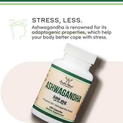 Ashwagandha Capsules, 120 Count (500mg Extract 20:1 Potency) Adaptogen Stress Relief by Double Wood
