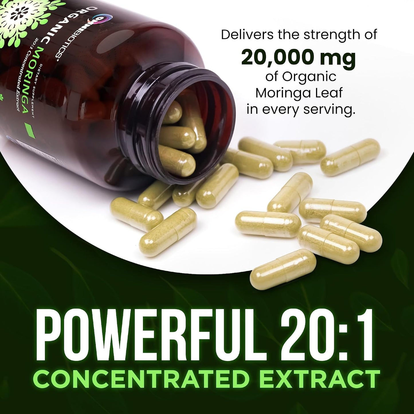 OmniBiotics Organic Moringa Capsules 1000mg Per Serving (120 Vegan Capsules) - Powerful 20:1 Moringa Oleifera Extract for Antioxidant, Immune & Cellular Support, Certified Kosher, Made in USA(60 Days)