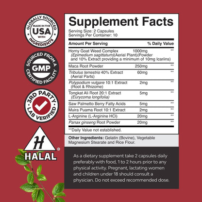 Horny Goat Weed for Male Enhancement - Testosterone Booster Supplement for Men - 1000mg per serving Complex with Tongkat Ali Saw Palmetto Extract & Panax Ginseng - Black Maca Root for Stamina & Energy