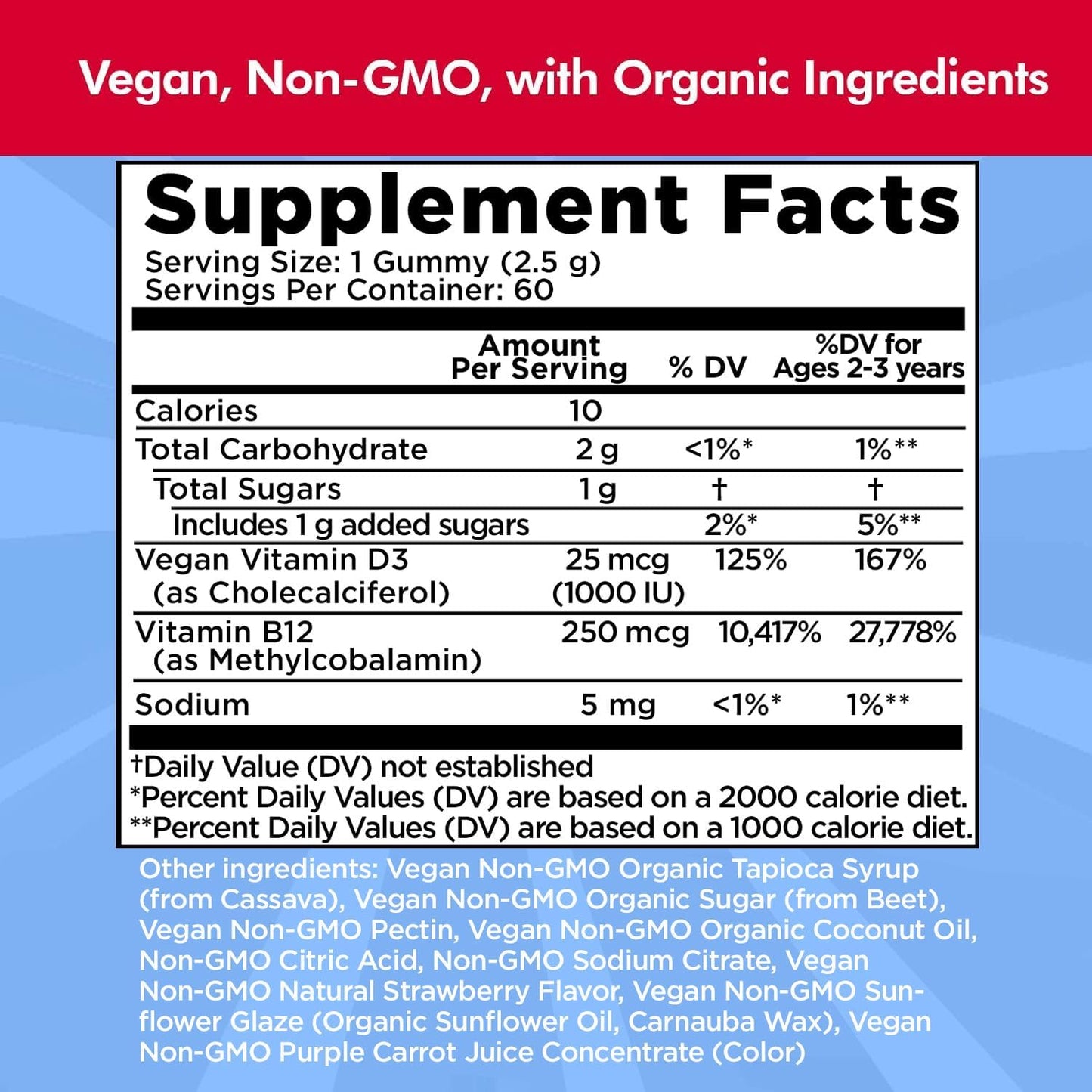 Vitamin D3, B12 Gummies by Dr. Danielle, Vegan Daily Supplement for Adults & Kids, Non-GMO, Vitamin D3 1000 IU & 250 mcg Vitamin B12, 2 Month Supply (60 Gummies)