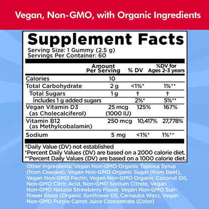 Vitamin D3, B12 Gummies by Dr. Danielle, Vegan Daily Supplement for Adults & Kids, Non-GMO, Vitamin D3 1000 IU & 250 mcg Vitamin B12, 2 Month Supply (60 Gummies)