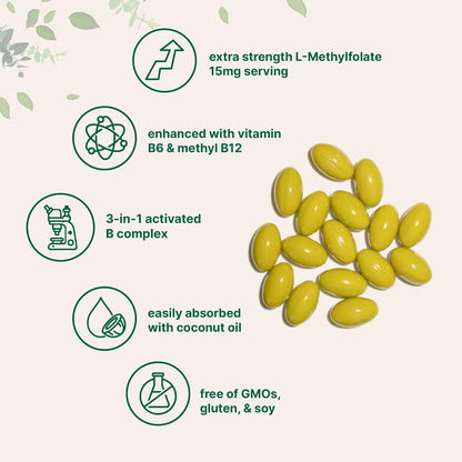 Micro Ingredients L Methylfolate 15mg, 240 Softgels | Active 5-MTHF with B6 & Methyl B12 | Methylated Vitamin B9 with Coconut Oil