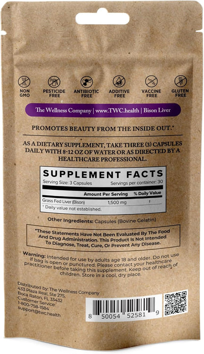 Bison Liver, 100% Grass-Fed Freeze-Dried Organ for Collagen & Skin, 90ct