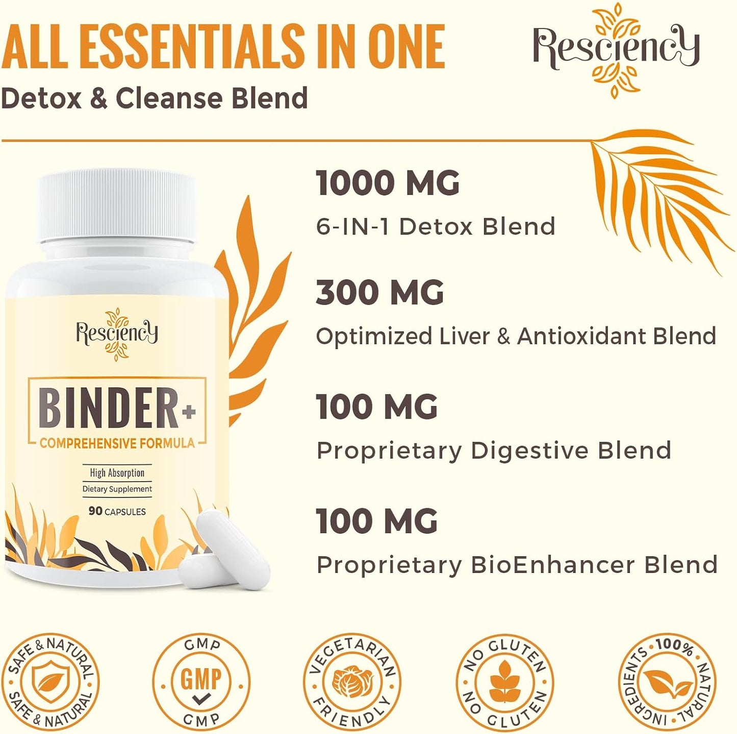 Resciency Detox Binder Supplement – Activated Charcoal, Zeolite, Bentonite Clay, Milk Thistle, Proprietary Blends - Liver & Gut, Max Absorption, 90 Vegan Capsules
