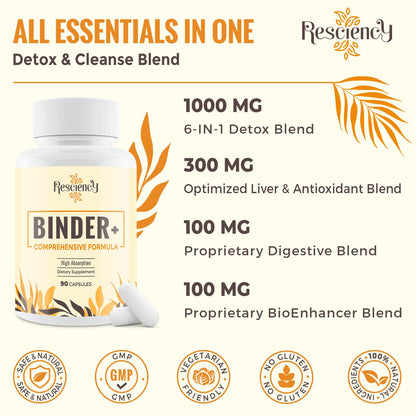 Resciency Detox Binder Supplement – Activated Charcoal, Zeolite, Bentonite Clay, Milk Thistle, Proprietary Blends - Liver & Gut, Max Absorption, 90 Vegan Capsules