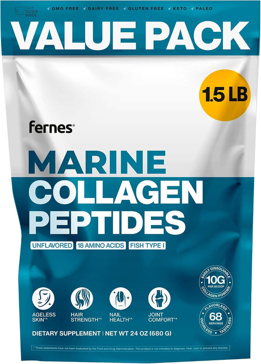 Marine Collagen Peptides for Women Men (1.5LB) Fish Type I Flavorless & Odorless Easy-Mix Hydrolyzed Protein Joint Hair Skin Wound Healing & Nail Support Gluten-Free Non-GMO Keto Paleo Kosher