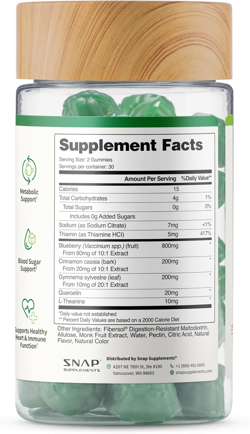 Snap Supplements Blood Sugar Gummies, Green Apple, 60 Sugar-Free Gummies | Support Already Healthy Blood Sugar Levels, with Cinnamon Bark, Blueberry Fruit Extract, Quercetin, (Packaging May Vary)